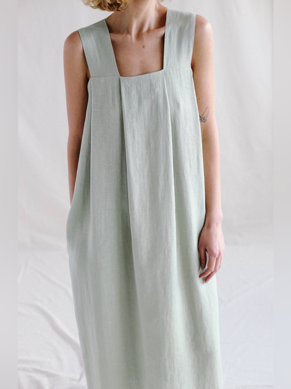 Sleeveless Square-Neck Linen Dress in Pale teal green Hand Made